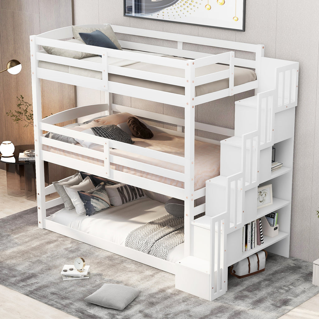 Twin Size Triple Bunk Bed with Storage Staircase