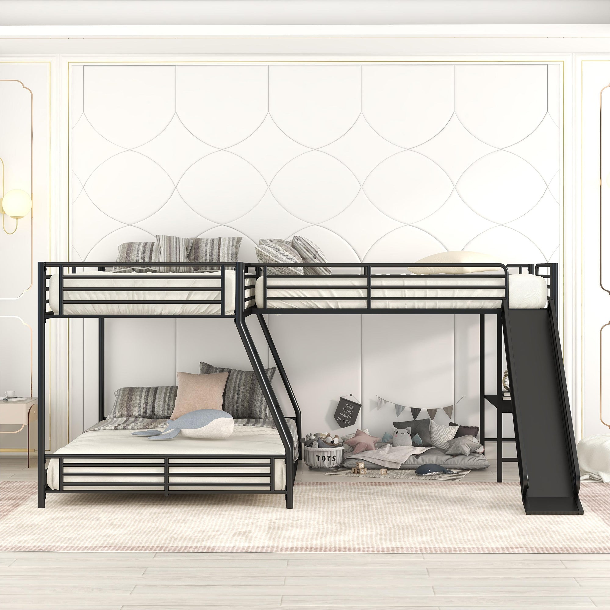 L-Shaped Twin Over Full Bunk Bed with Twin Size Loft Bed, Built-in Desk and Slide