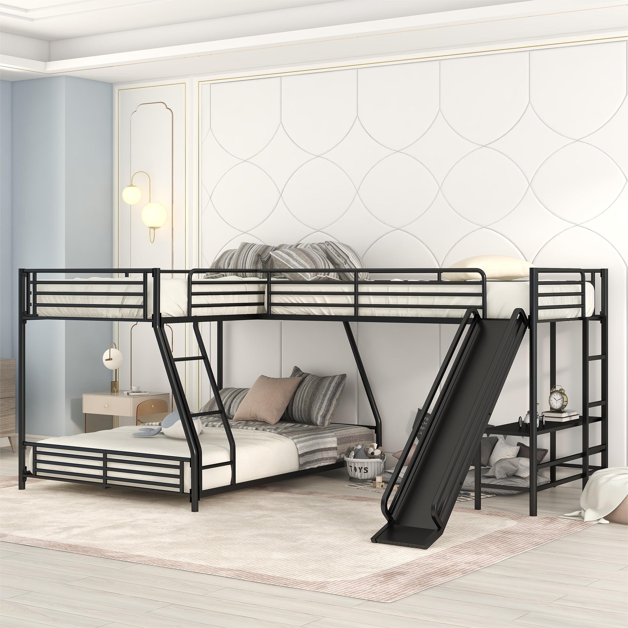 L-Shaped Twin Over Full Bunk Bed with Twin Size Loft Bed, Built-in Desk and Slide