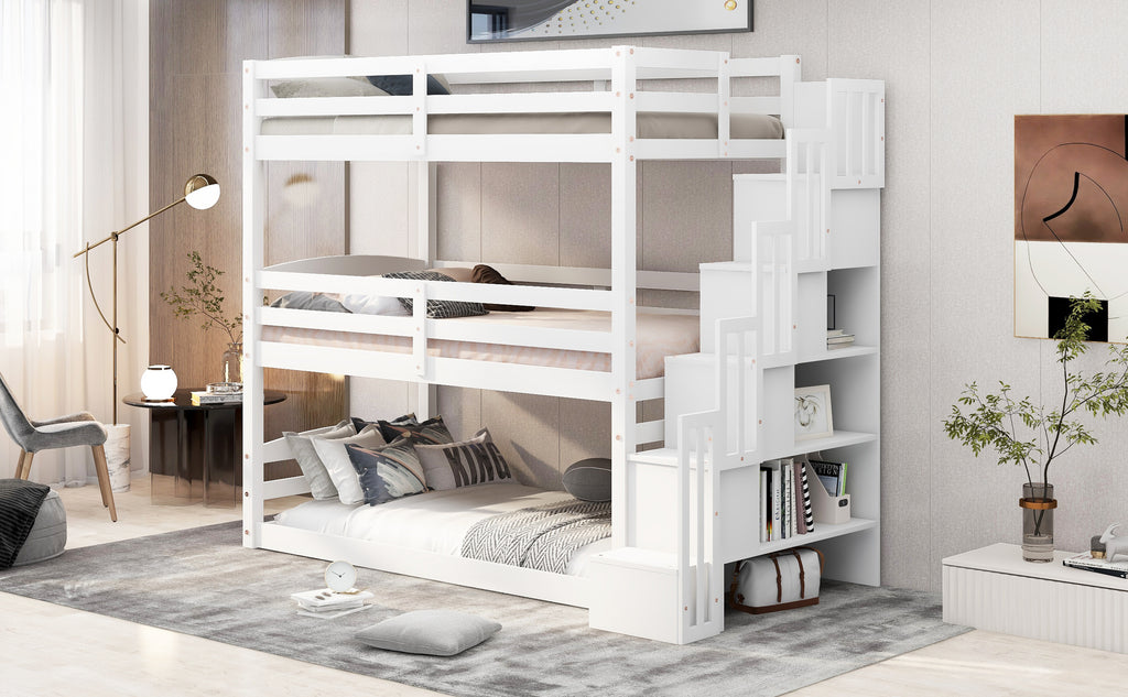 Twin Size Triple Bunk Bed with Storage Staircase