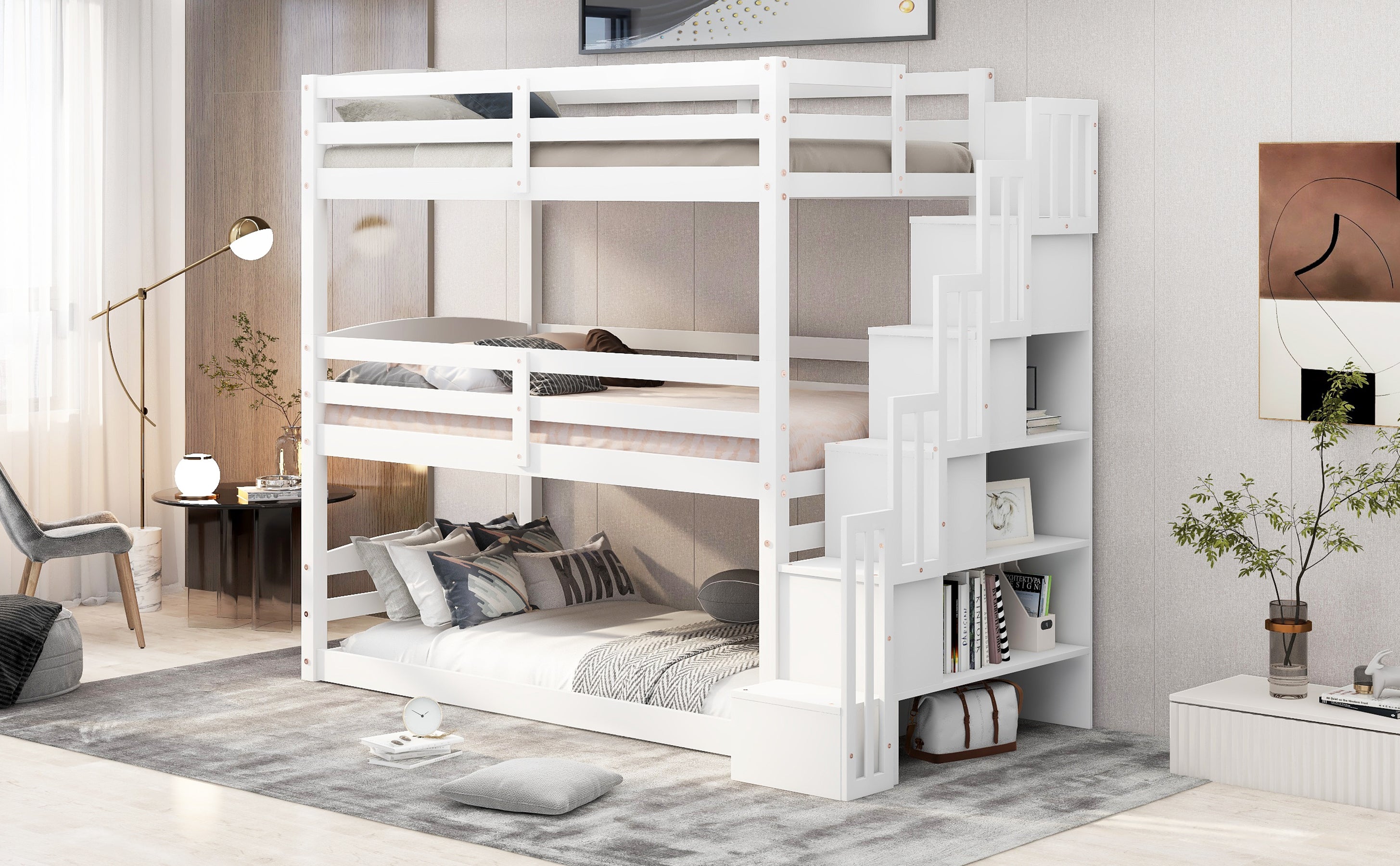 Twin Size Triple Bunk Bed with Storage Staircase