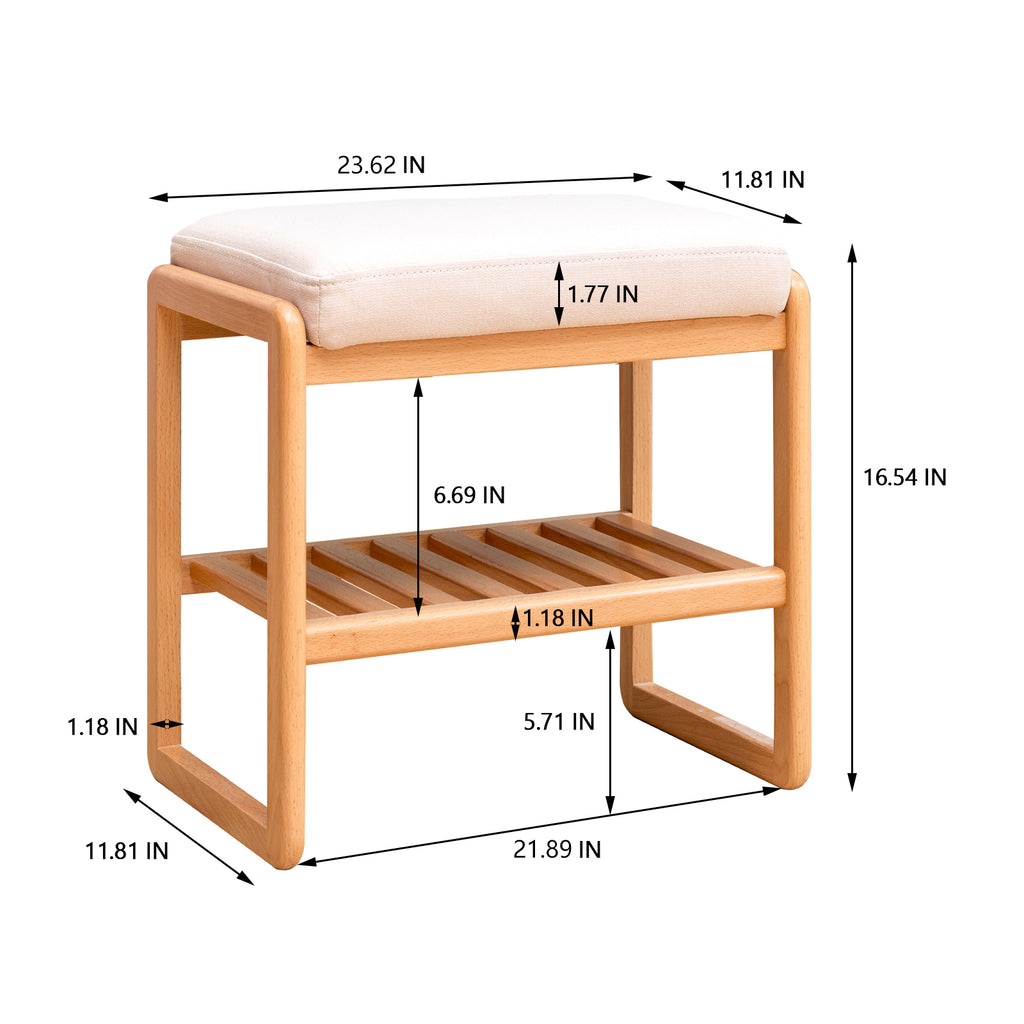Natural Solid Wood Shoe Bench with High Rebound Sponge Cushion