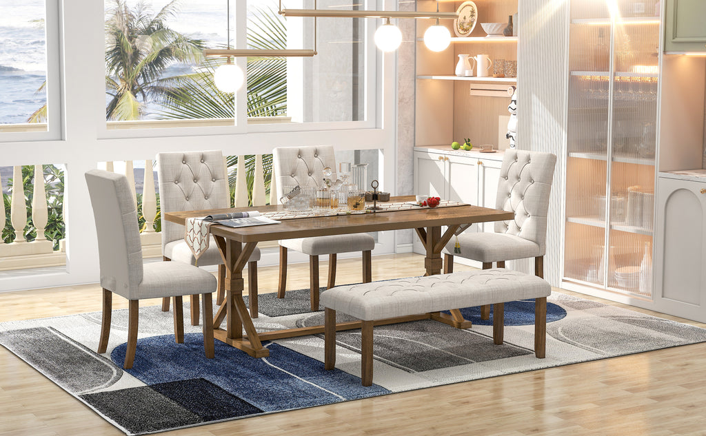 TREXM 6-Piece Farmhouse Dining Table Set - Walnut