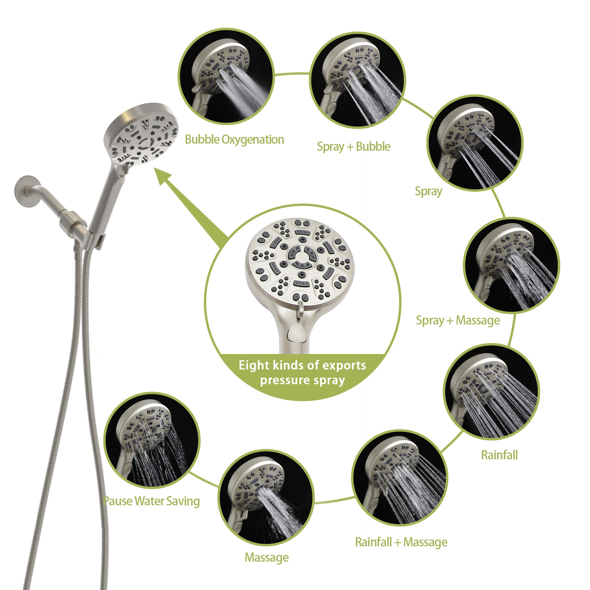 Multi Function Adjustable Hand Shower - 8-Function in Brushed Nickel