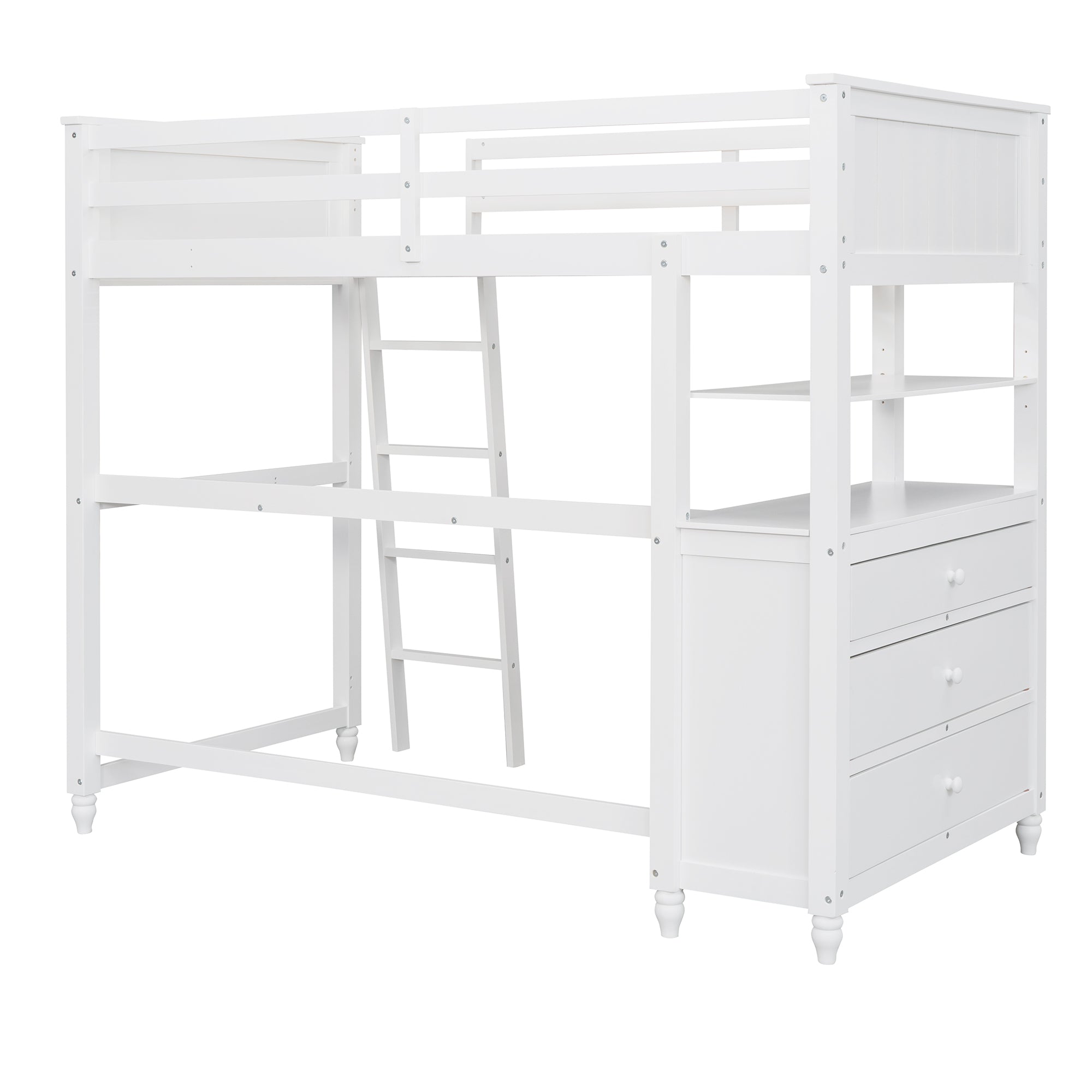Twin Size Loft Bed with Drawers and Desk - White