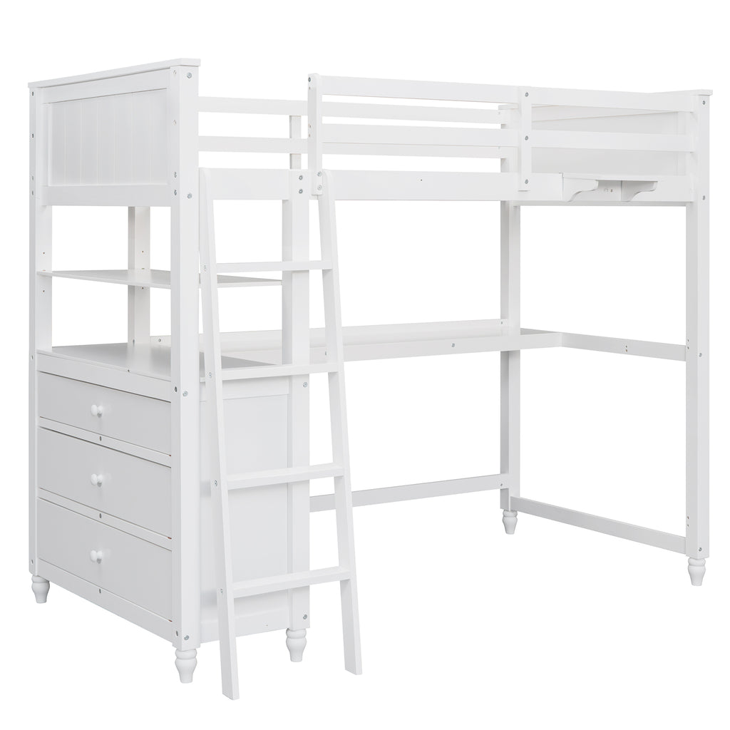 Twin Size Loft Bed with Drawers and Desk - White