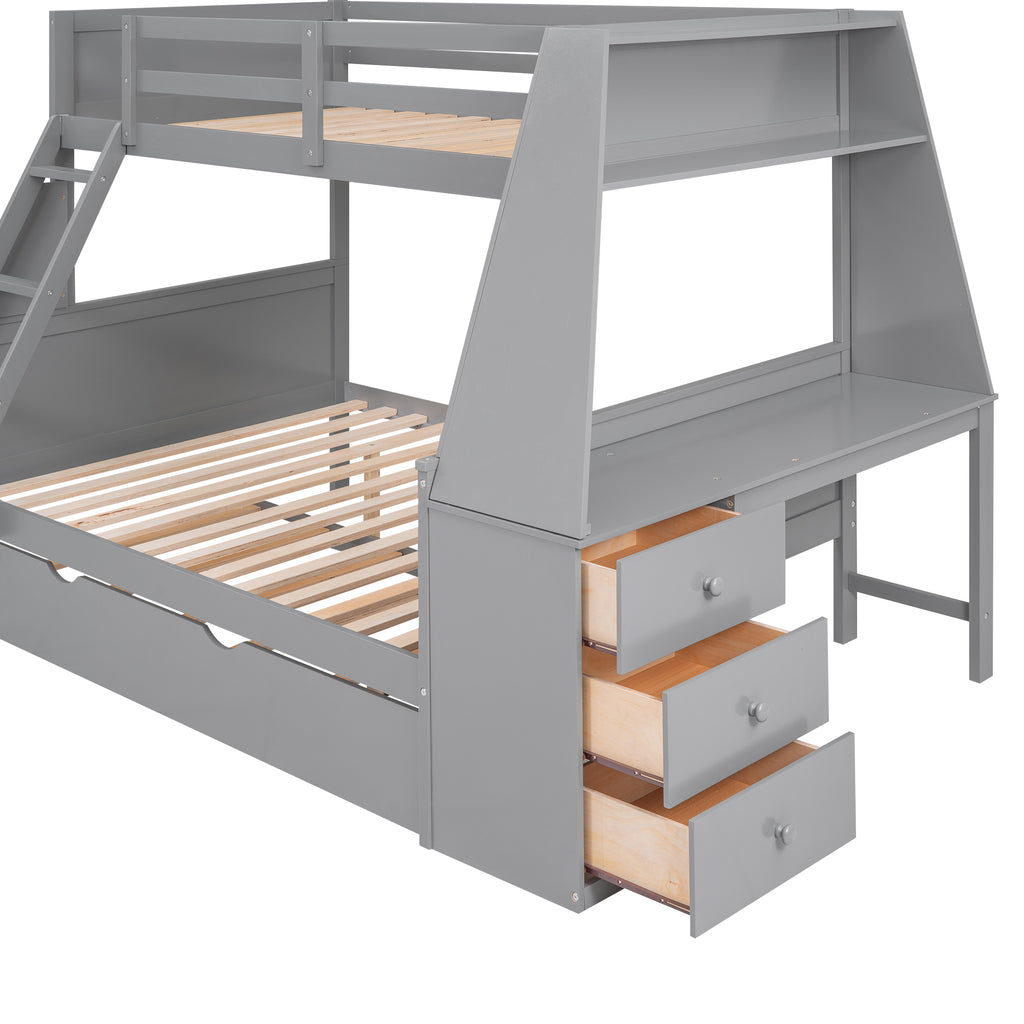 Twin Over Full Bunk Bed with Trundle and Built-in Desk