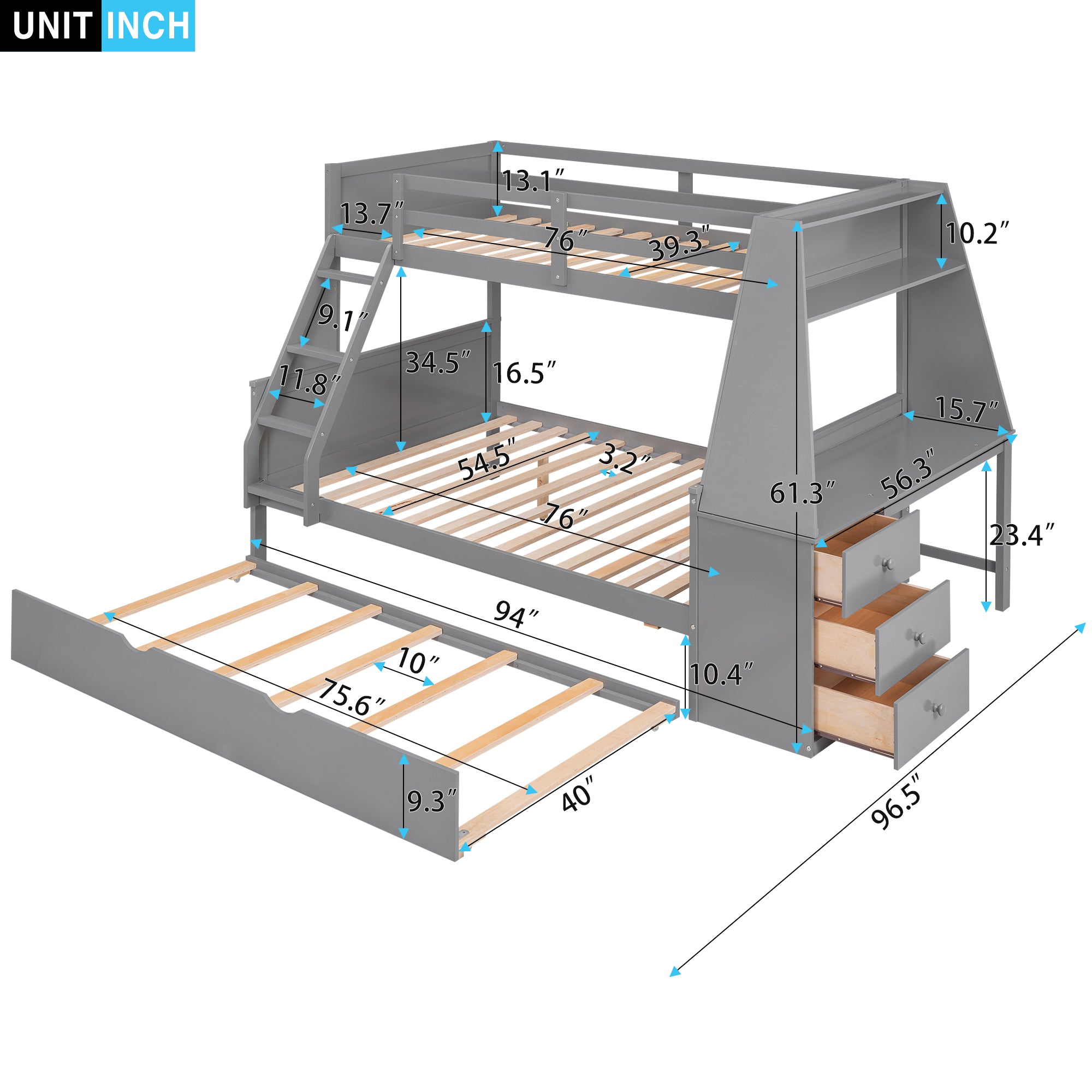 Twin Over Full Bunk Bed with Trundle and Built-in Desk