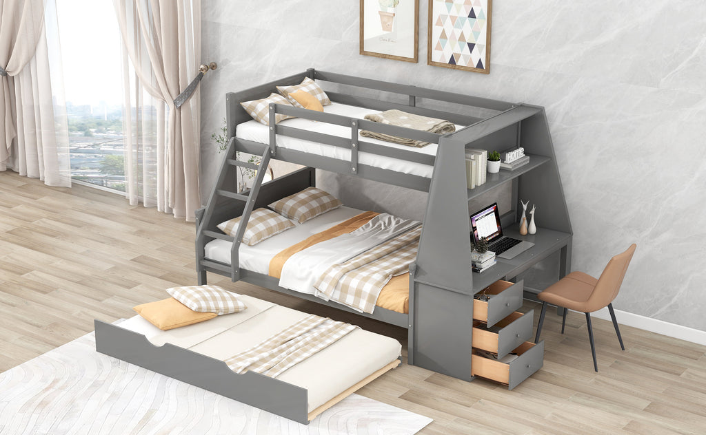 Twin Over Full Bunk Bed with Trundle and Built-in Desk
