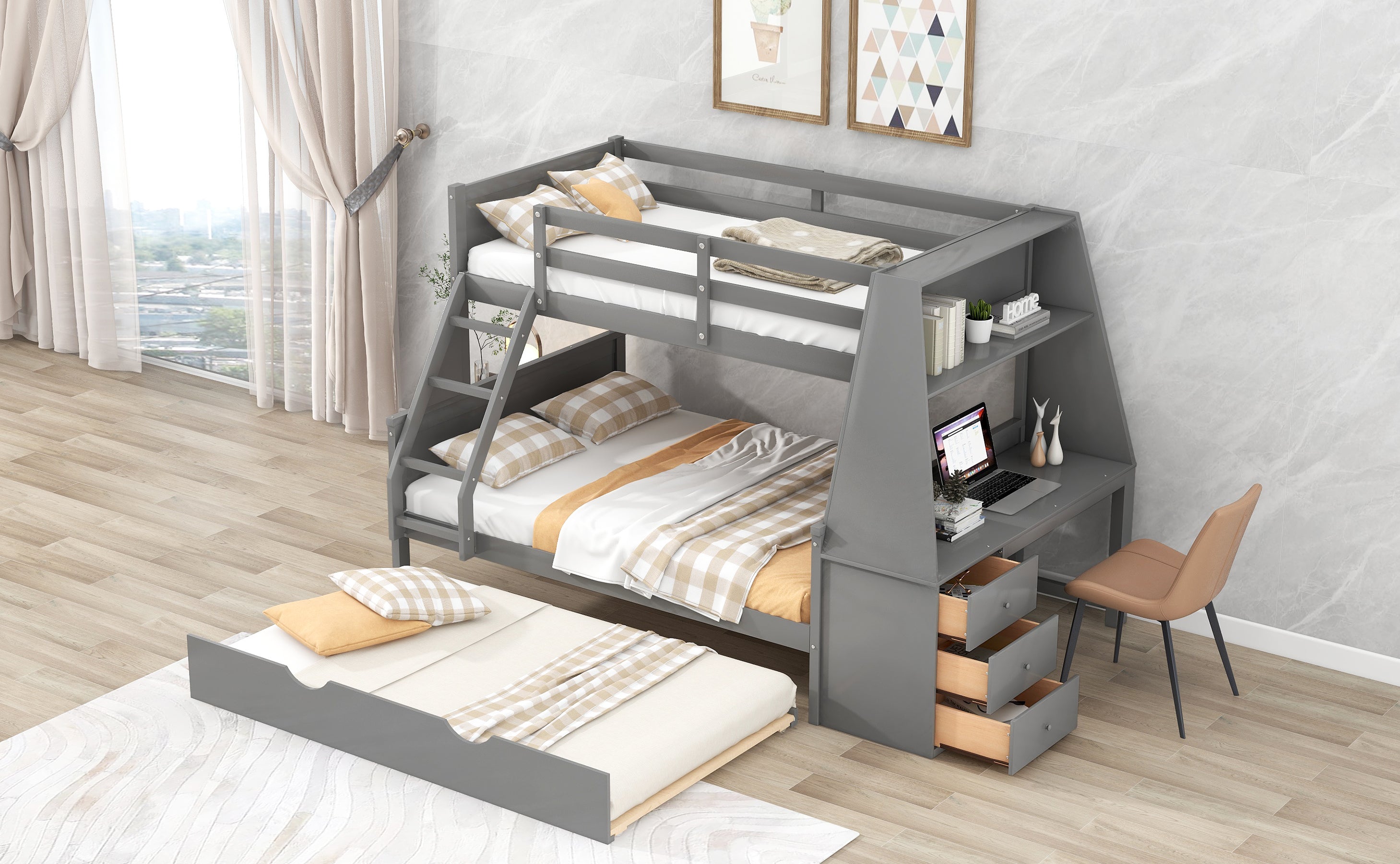 Twin Over Full Bunk Bed with Trundle and Built-in Desk