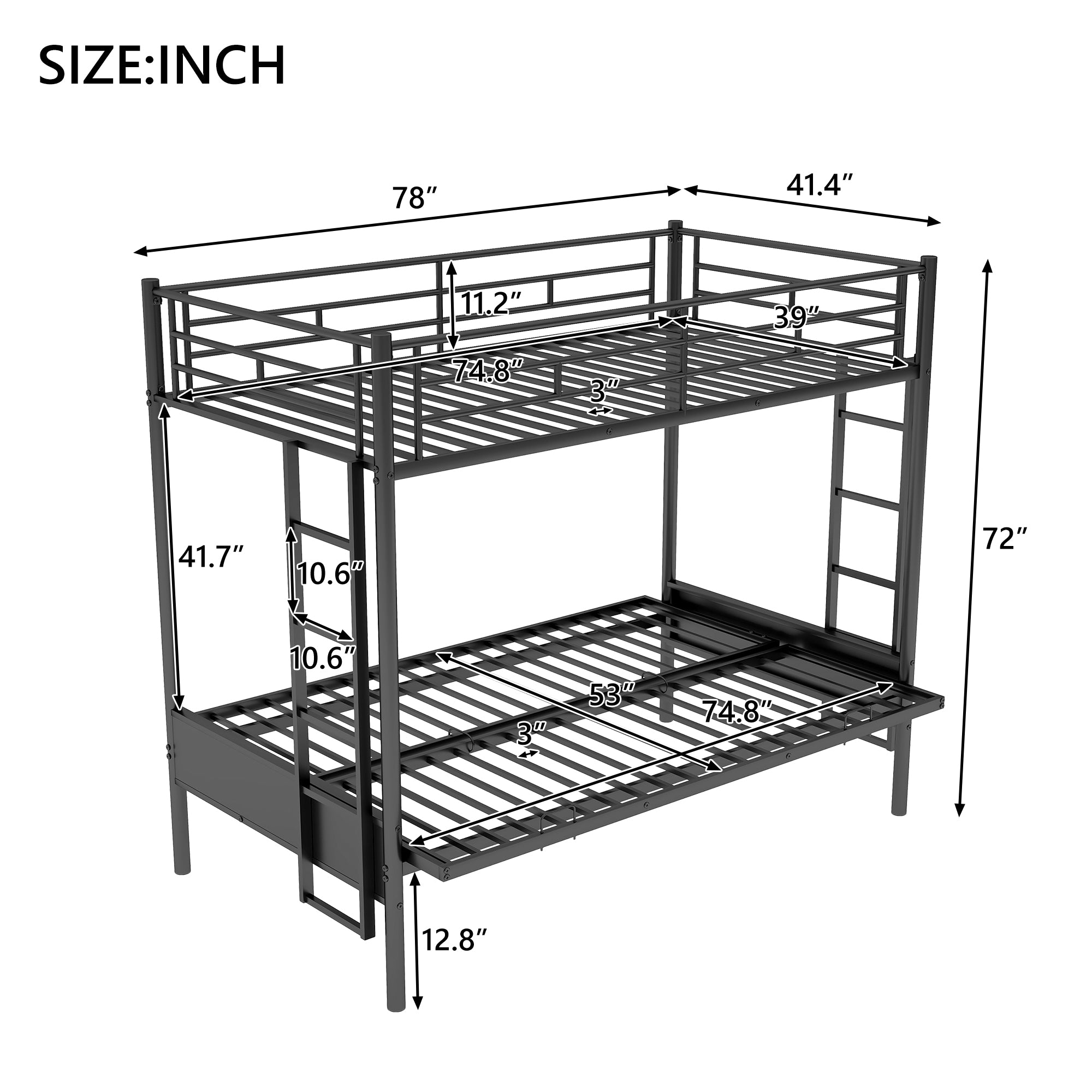 Twin Over Full Metal Bunk Bed, Multi-Function, Black