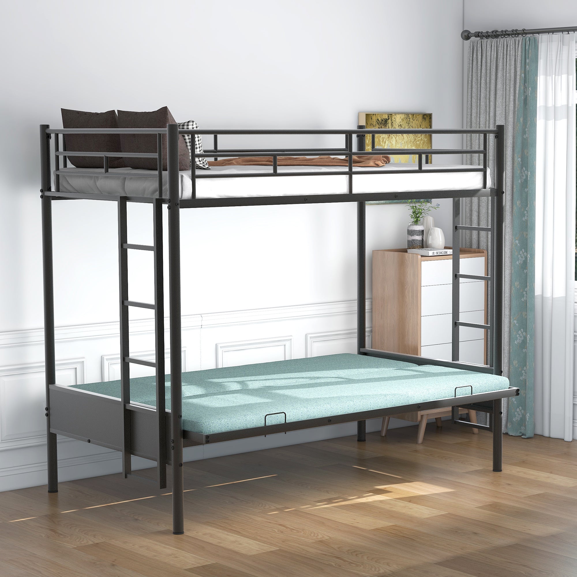 Twin Over Full Metal Bunk Bed, Multi-Function, Black
