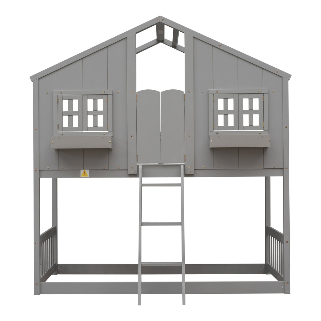 Twin Over Twin House Bunk Bed with Roof and Guardrails