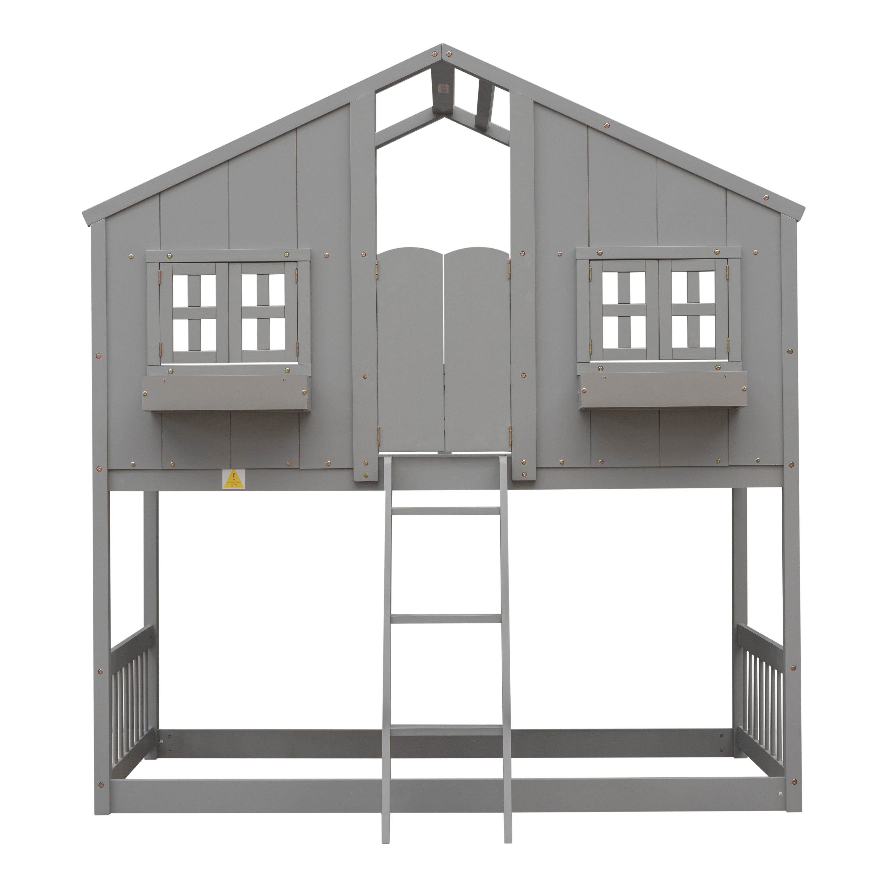 Twin Over Twin House Bunk Bed with Roof and Guardrails