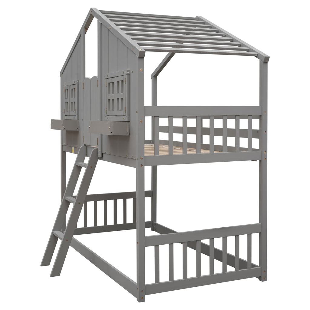 Twin Over Twin House Bunk Bed with Roof and Guardrails