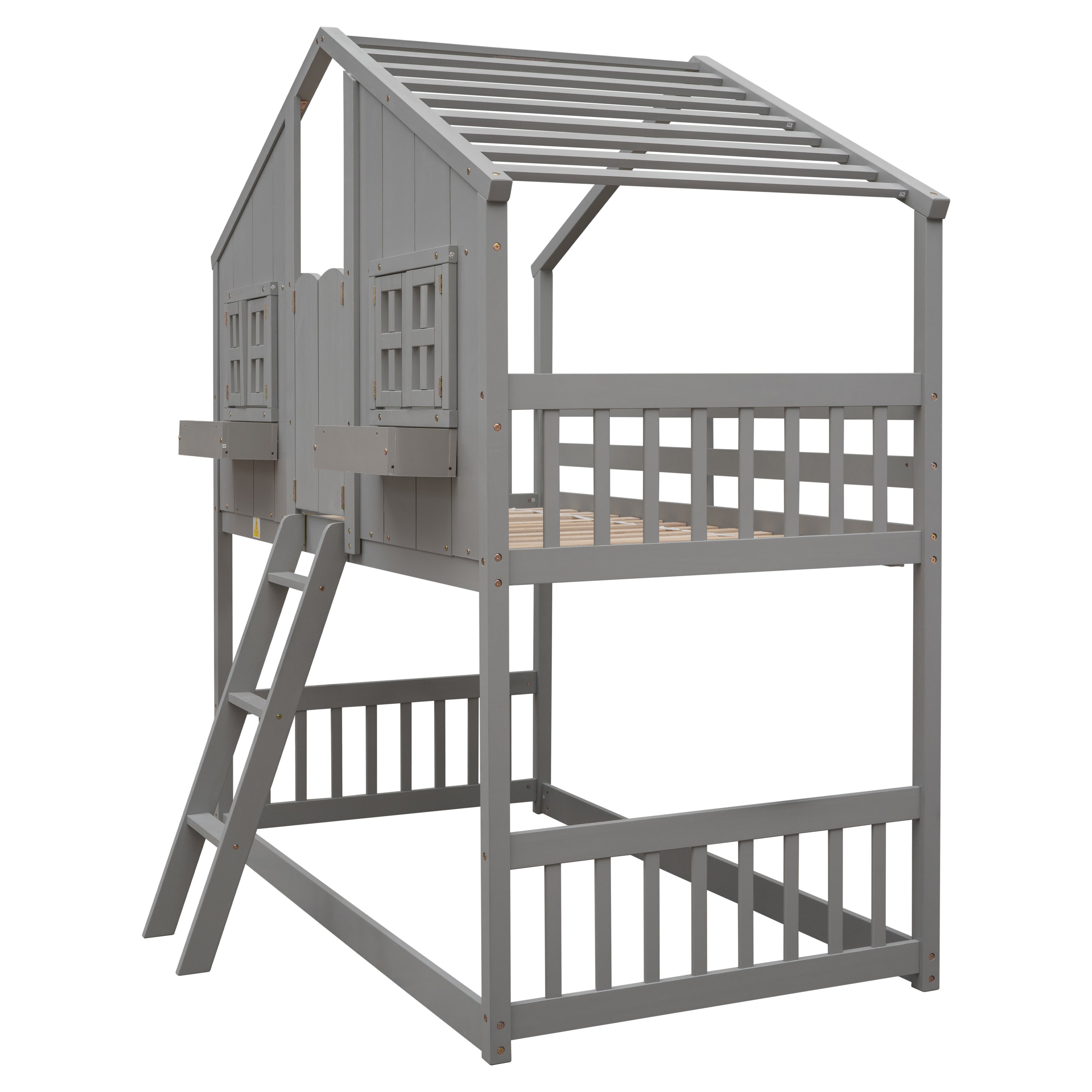 Twin Over Twin House Bunk Bed with Roof and Guardrails