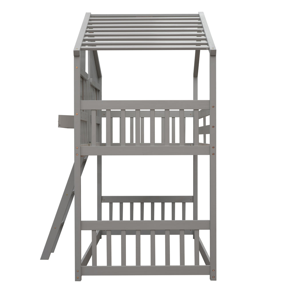 Twin Over Twin House Bunk Bed with Roof and Guardrails