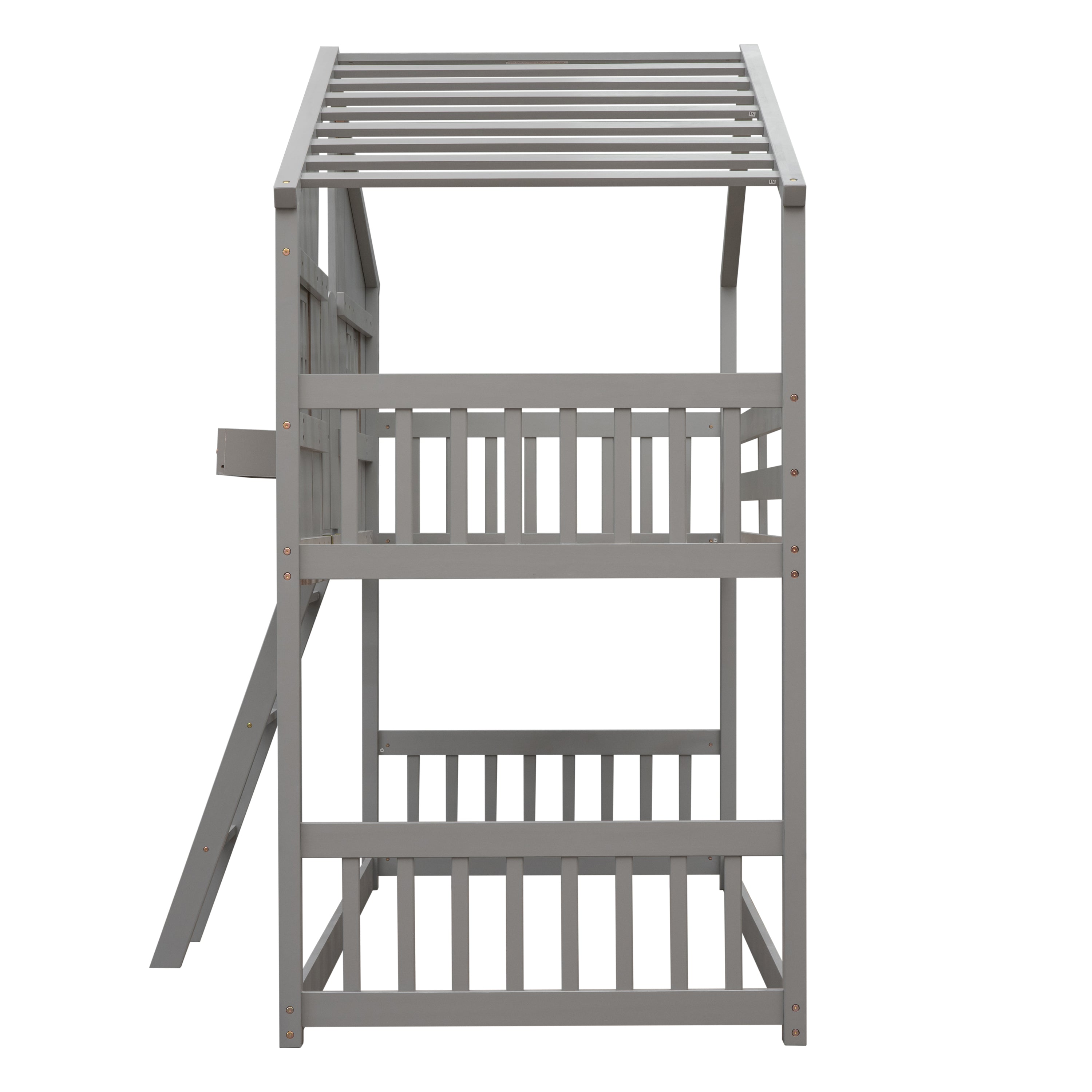 Twin Over Twin House Bunk Bed with Roof and Guardrails