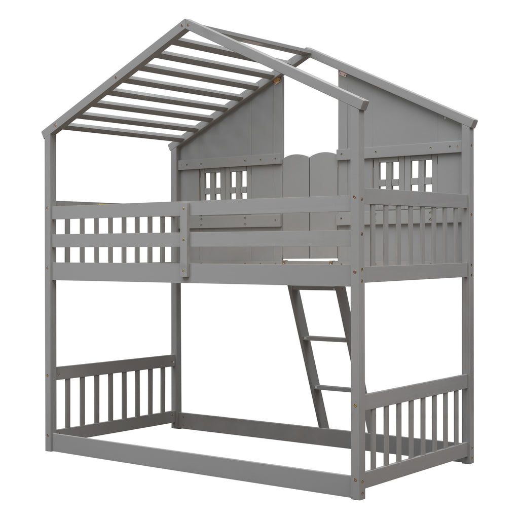 Twin Over Twin House Bunk Bed with Roof and Guardrails