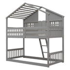 Twin Over Twin House Bunk Bed with Roof and Guardrails