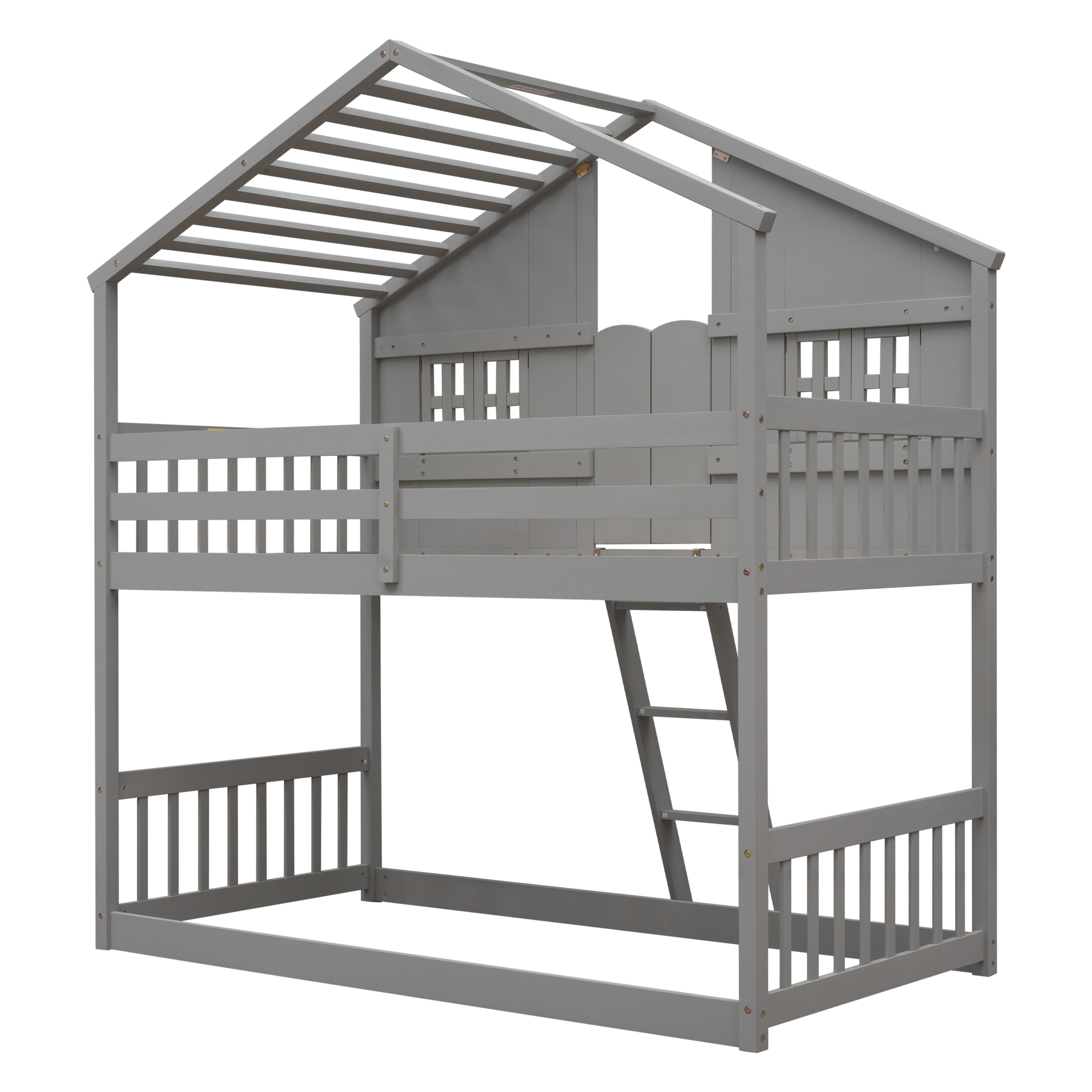 Twin Over Twin House Bunk Bed with Roof and Guardrails