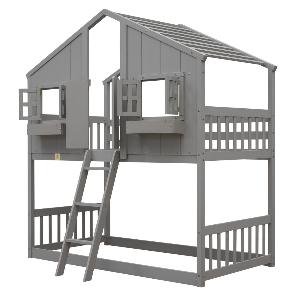 Twin Over Twin House Bunk Bed with Roof and Guardrails