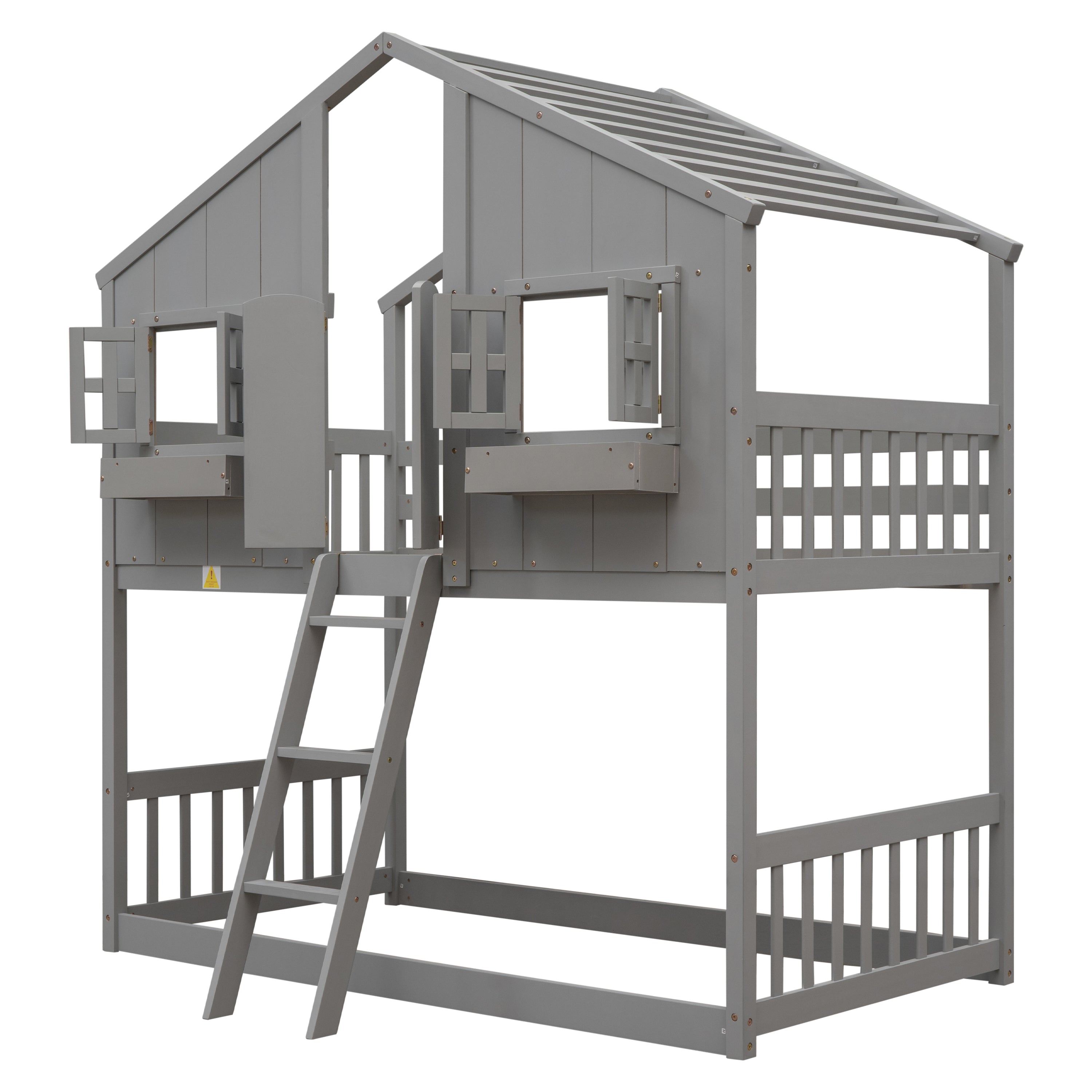 Twin Over Twin House Bunk Bed with Roof and Guardrails