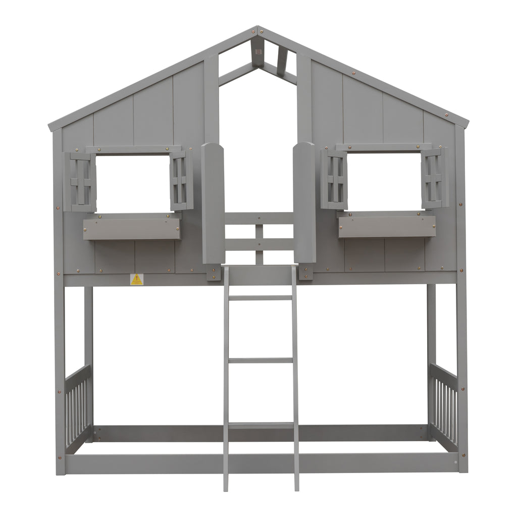Twin Over Twin House Bunk Bed with Roof and Guardrails