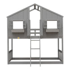 Twin Over Twin House Bunk Bed with Roof and Guardrails