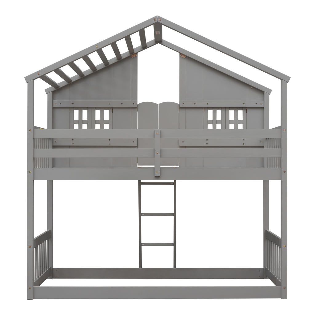 Twin Over Twin House Bunk Bed with Roof and Guardrails