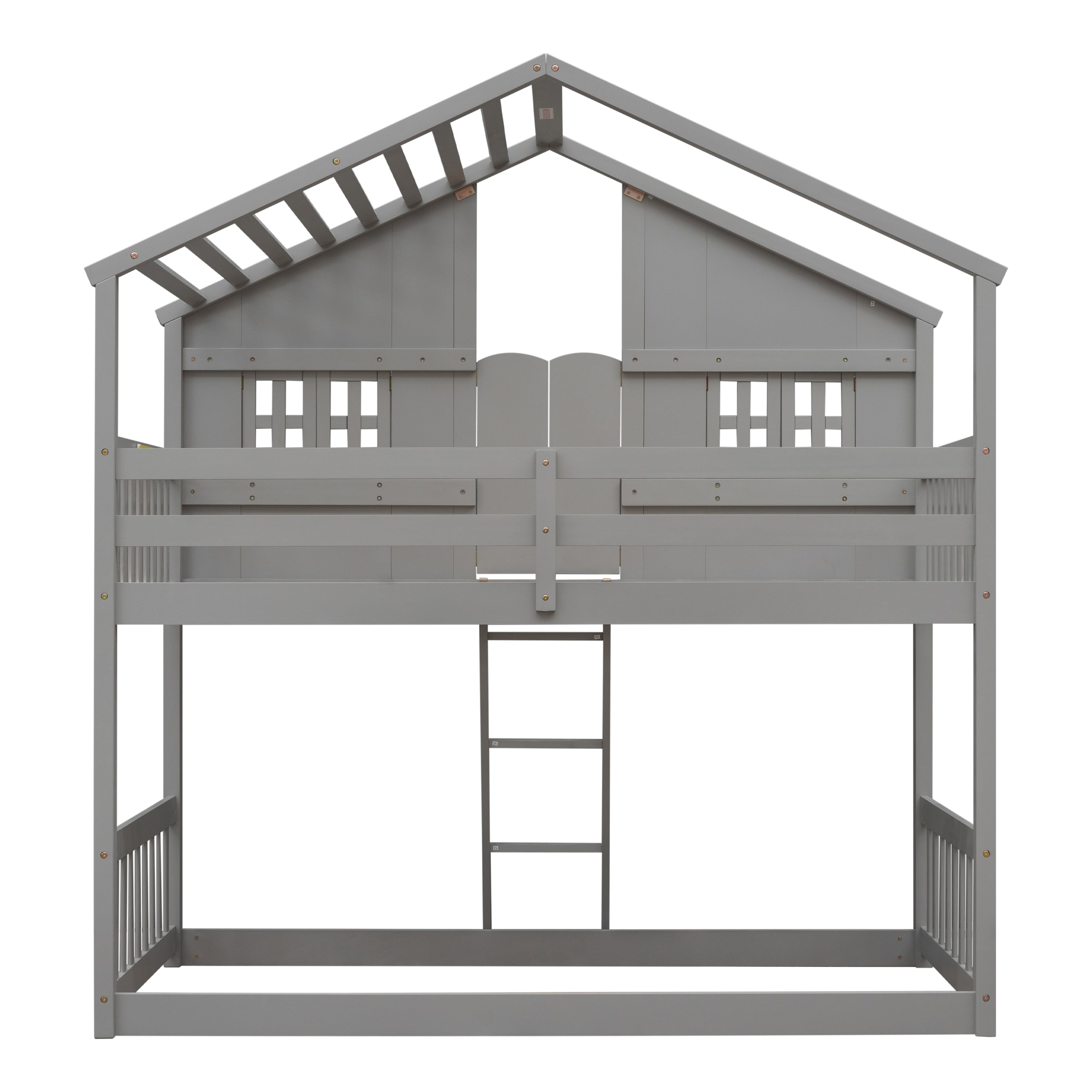 Twin Over Twin House Bunk Bed with Roof and Guardrails