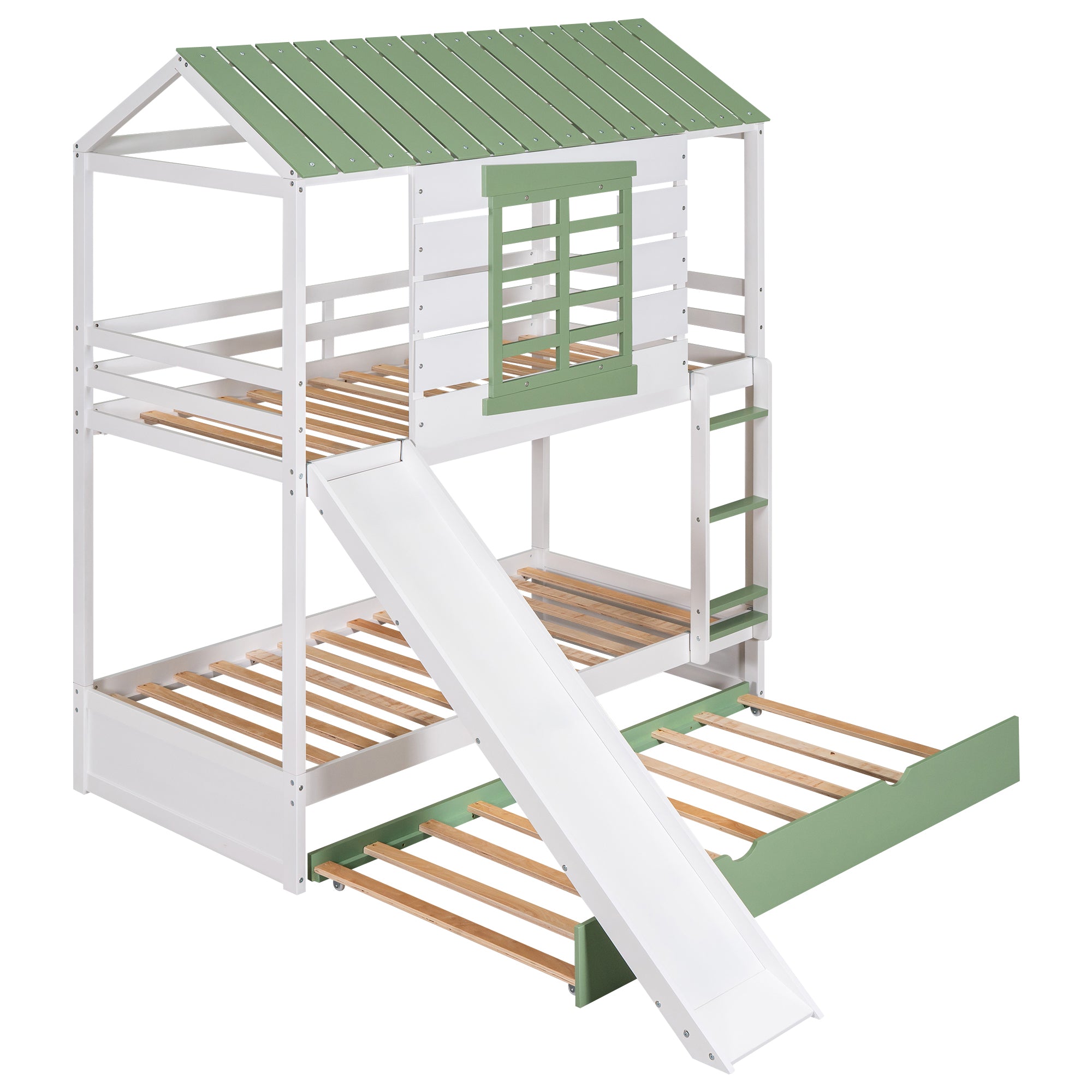 Twin Over Twin Size House Bunk Bed with Convertible Slide and Trundle