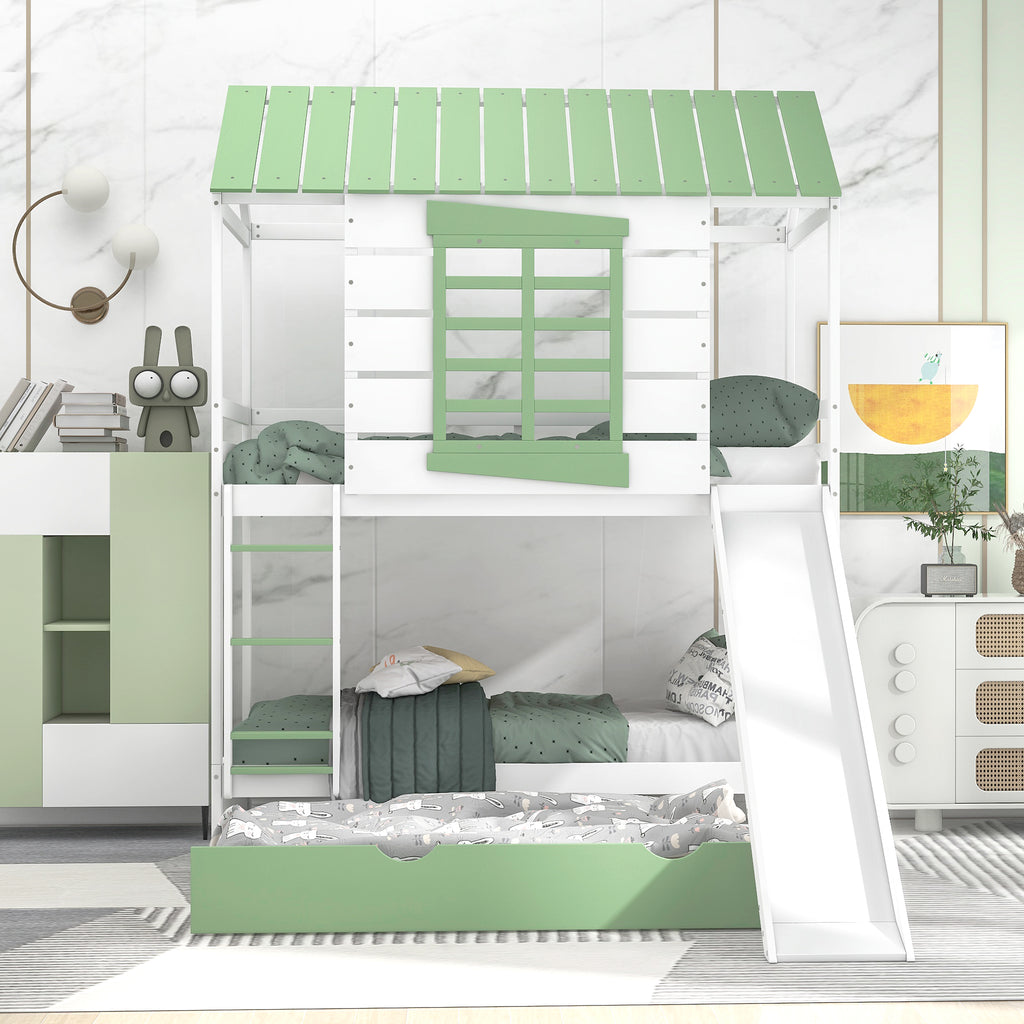 Twin Over Twin Size House Bunk Bed with Convertible Slide and Trundle