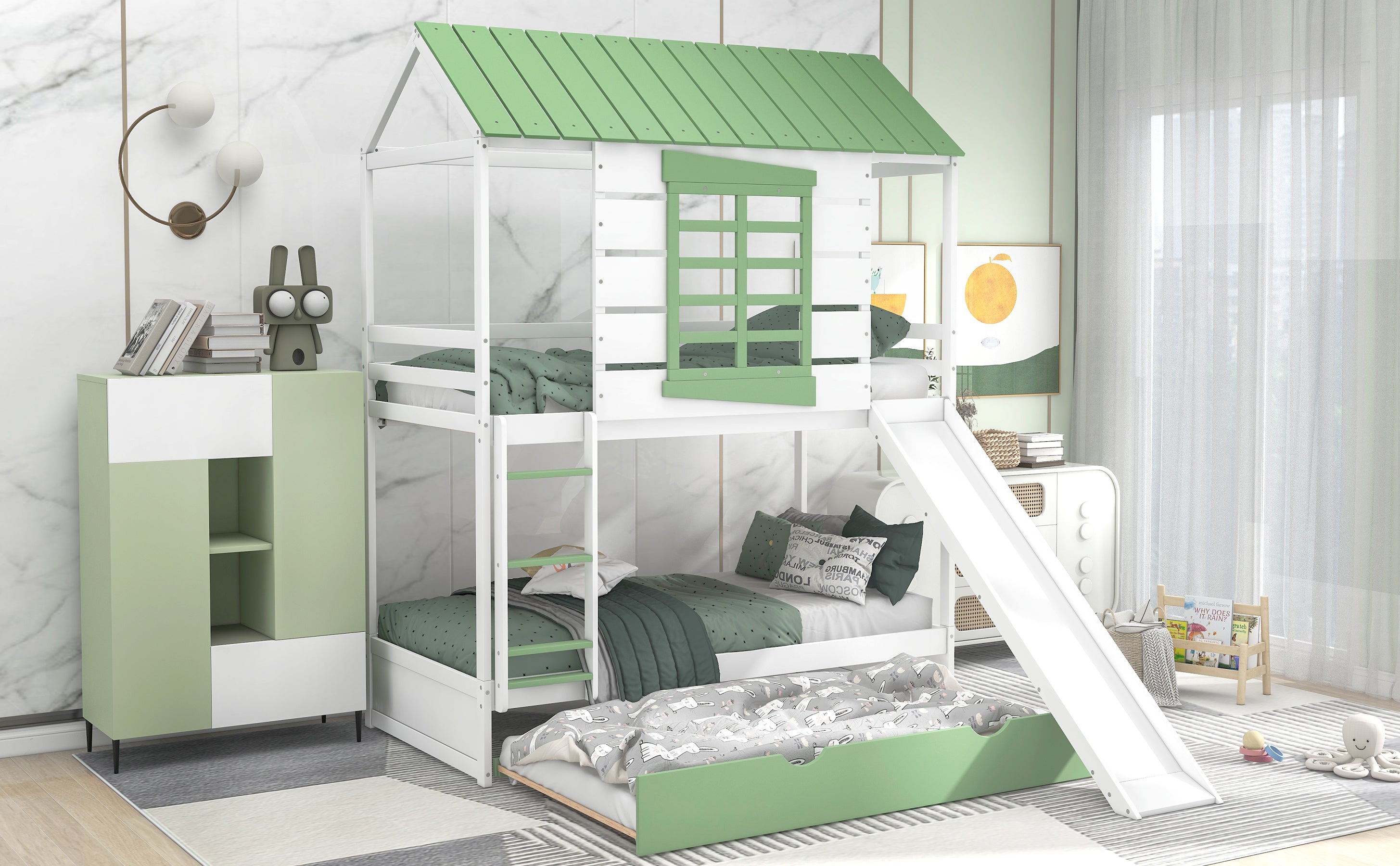Twin Over Twin Size House Bunk Bed with Convertible Slide and Trundle