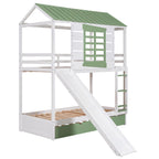 Twin Over Twin Size House Bunk Bed with Convertible Slide and Trundle