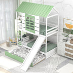 Twin Over Twin Size House Bunk Bed with Convertible Slide and Trundle
