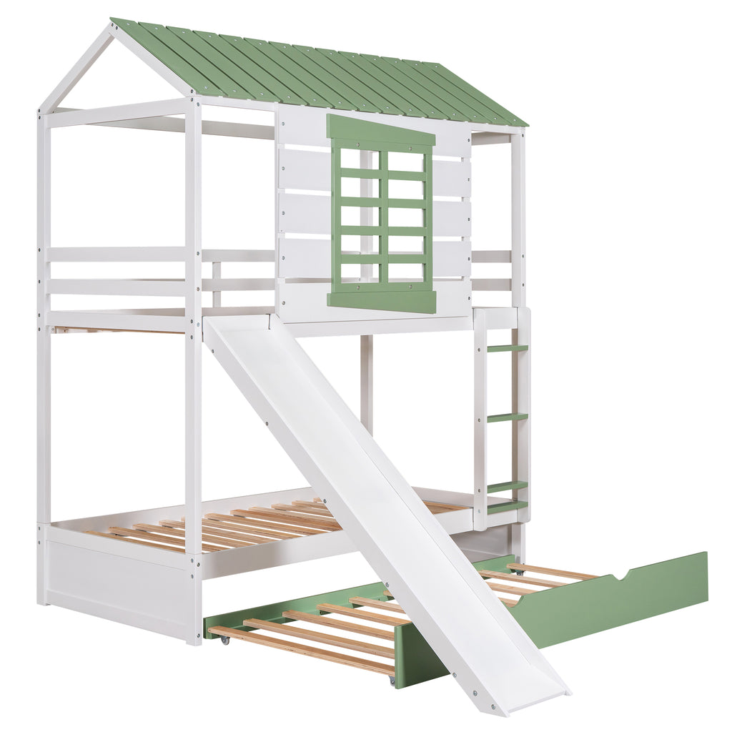 Twin Over Twin Size House Bunk Bed with Convertible Slide and Trundle