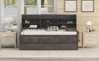 Twin Size Wooden Captain Bed with Built-in Bookshelves, Three Storage Drawers, and Trundle, Antique