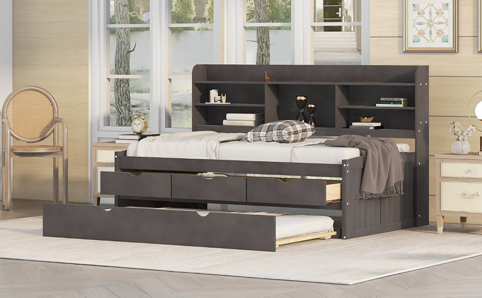 Twin Size Wooden Captain Bed with Built-in Bookshelves, Three Storage Drawers, and Trundle, Antique
