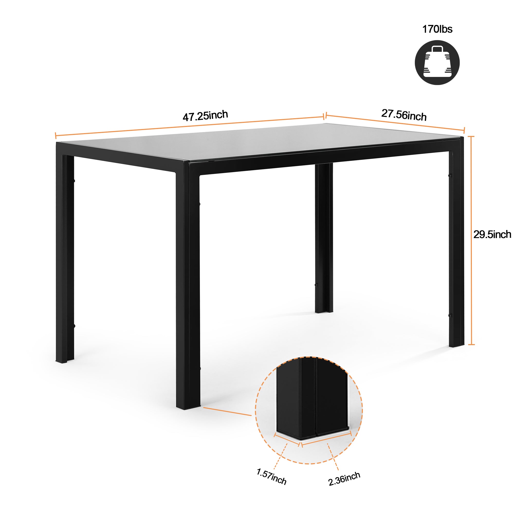 47.25 Inch 4-Seater Tempered Glass Dining Table