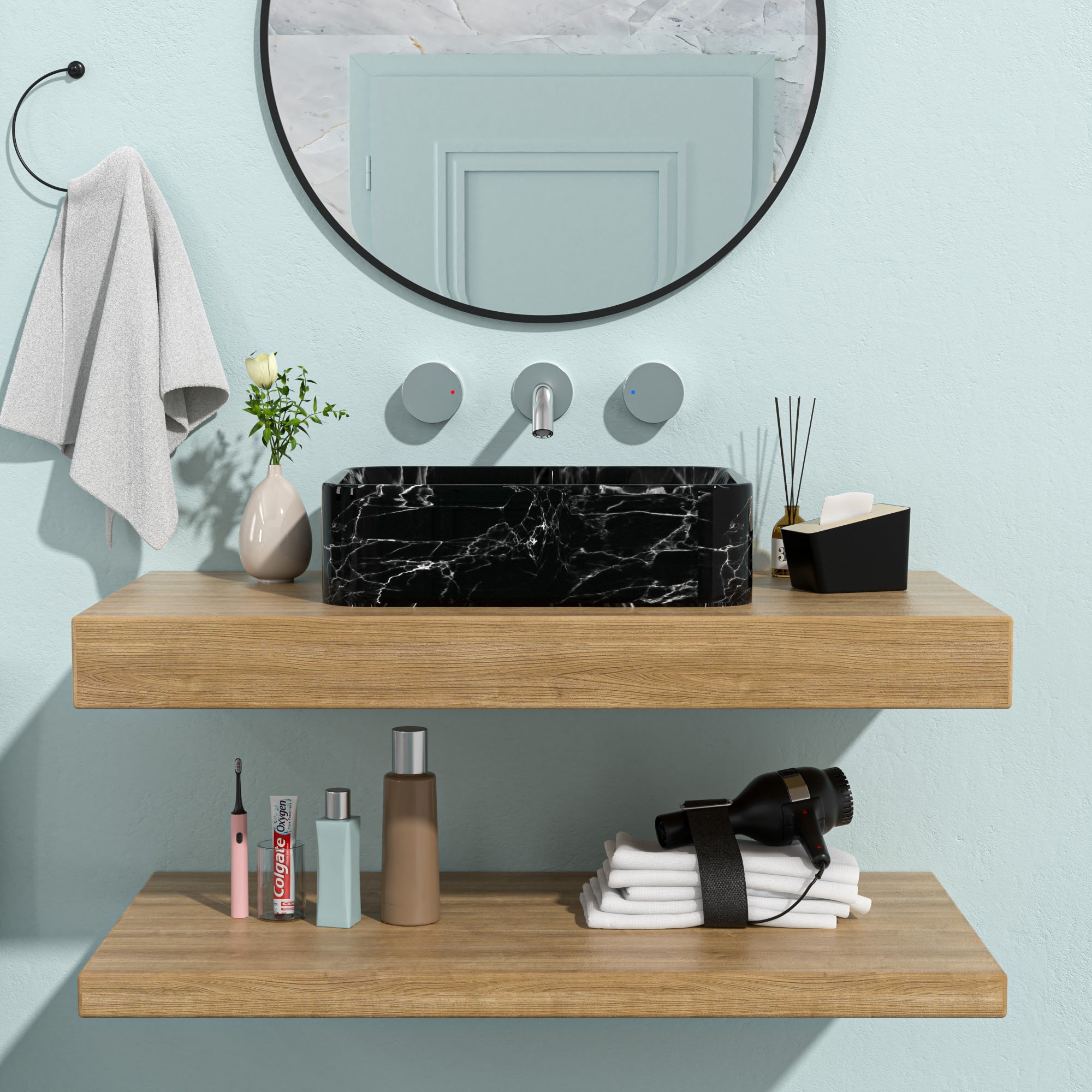 19"x15" Black and Gray Marble Pattern Ceramic Rectangular Vessel Bathroom Sink