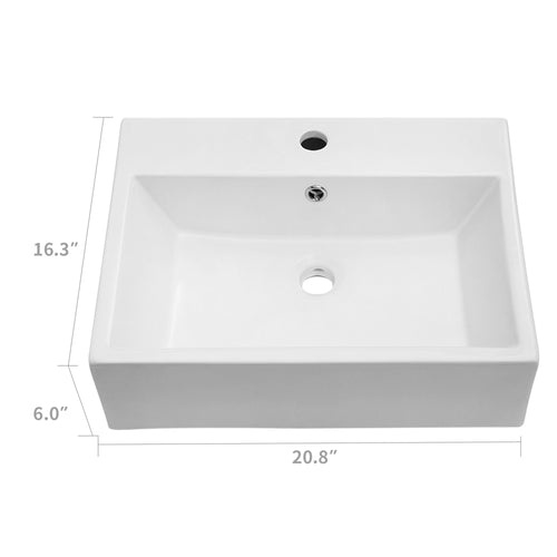 21"x16" White Ceramic Rectangular Wall Mounted Bathroom Sink