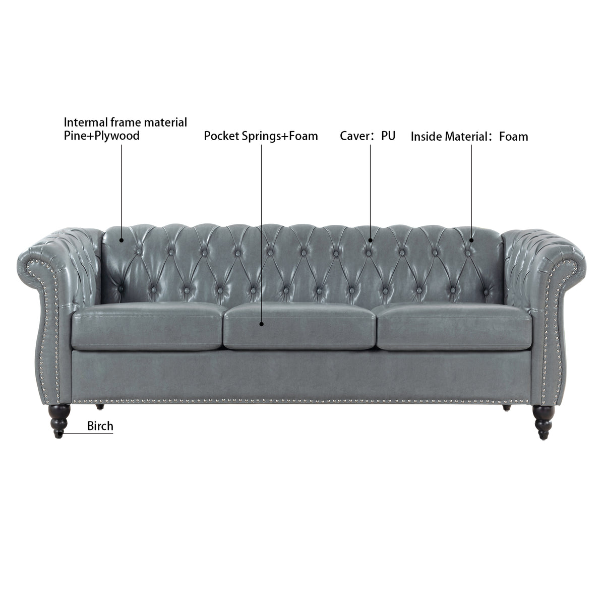 84.65" Rolled Arm Chesterfield 3 Seater Sofa