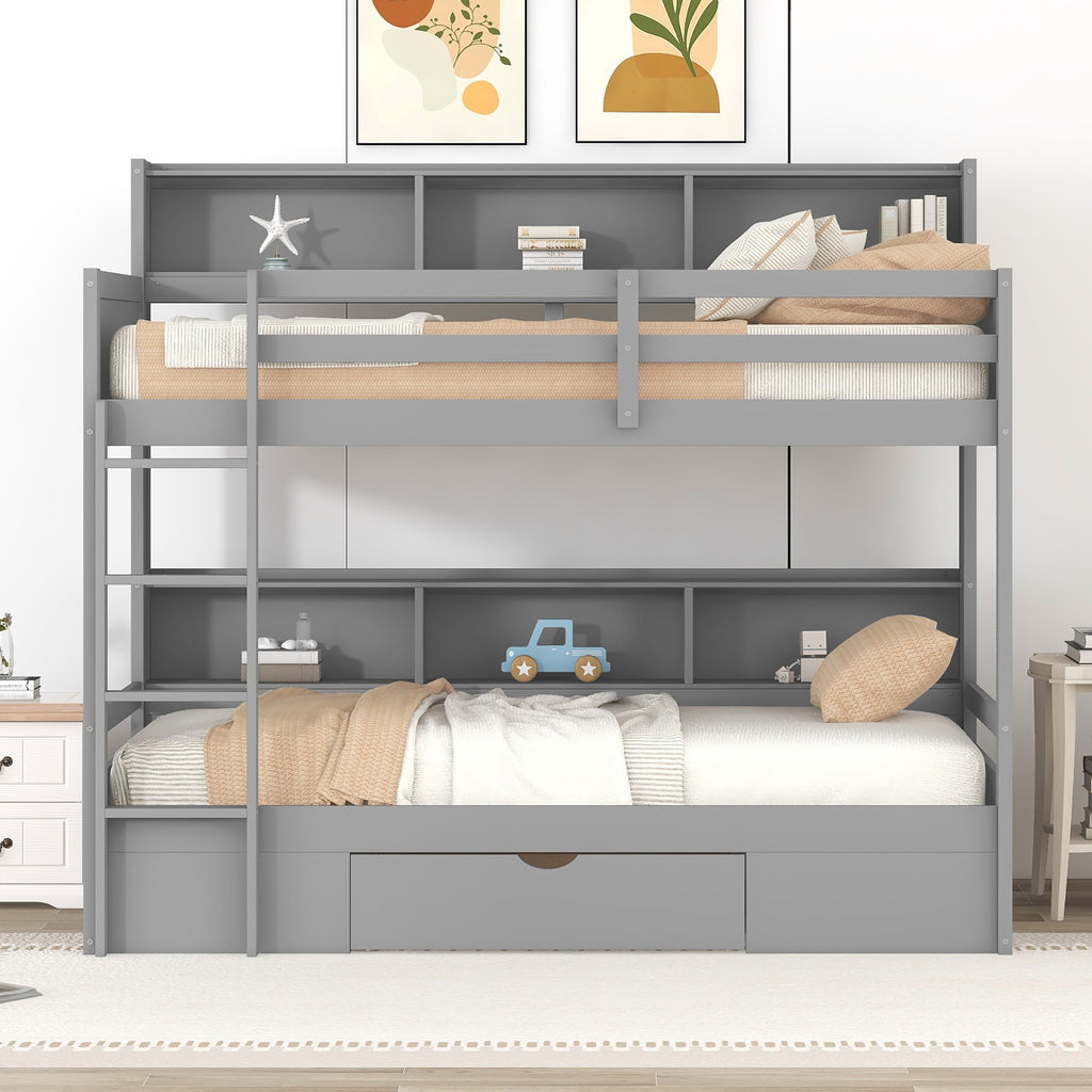 Twin Size Bunk Bed with Built-in Shelves Beside Both Upper and Down Bed