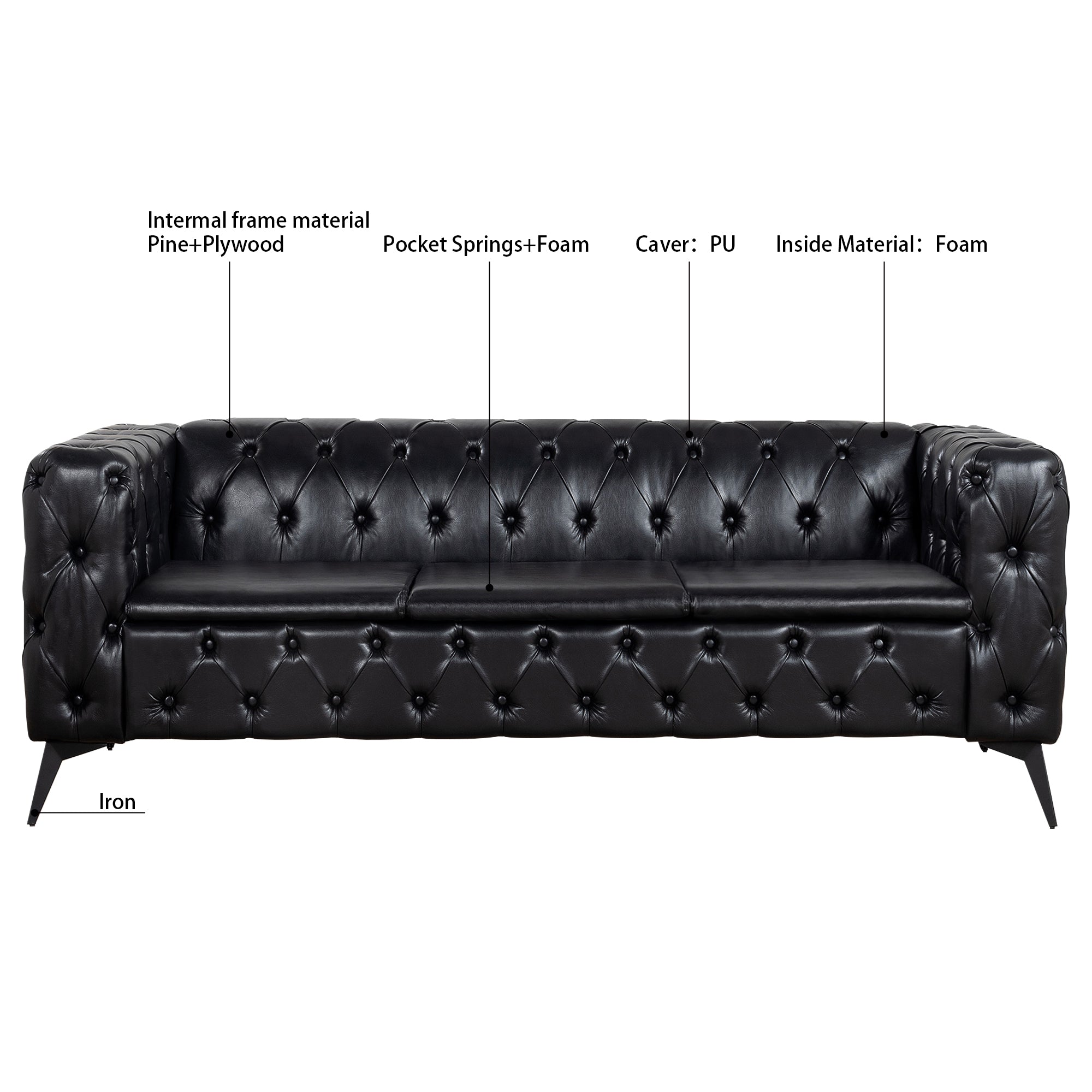 84.06 Inch Width Traditional Square Arm Removable Cushion 3 Seater Sofa