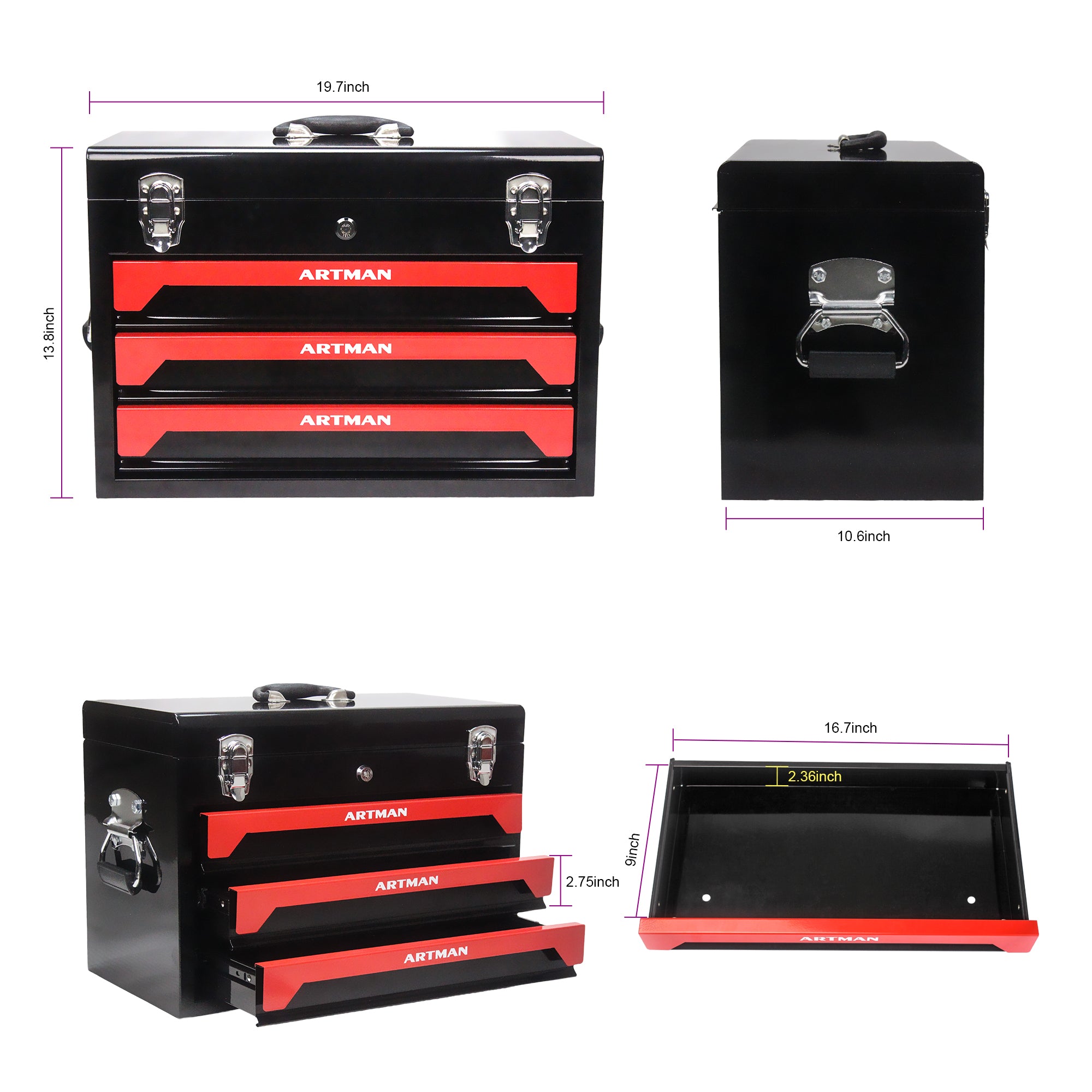 20'' Portable 3-Drawer Steel Toolbox