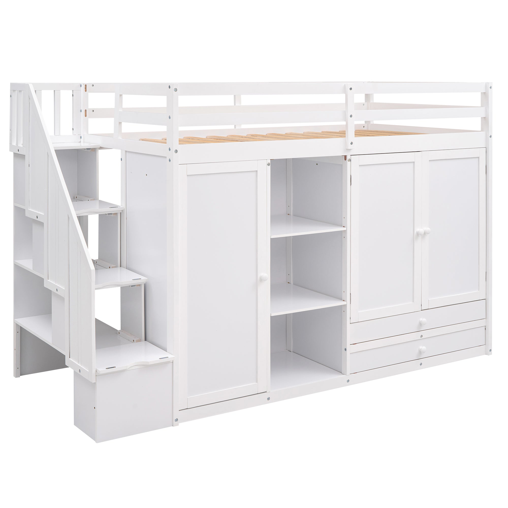 Functional Loft Bed with Shelves, Wardrobes, and Drawers
