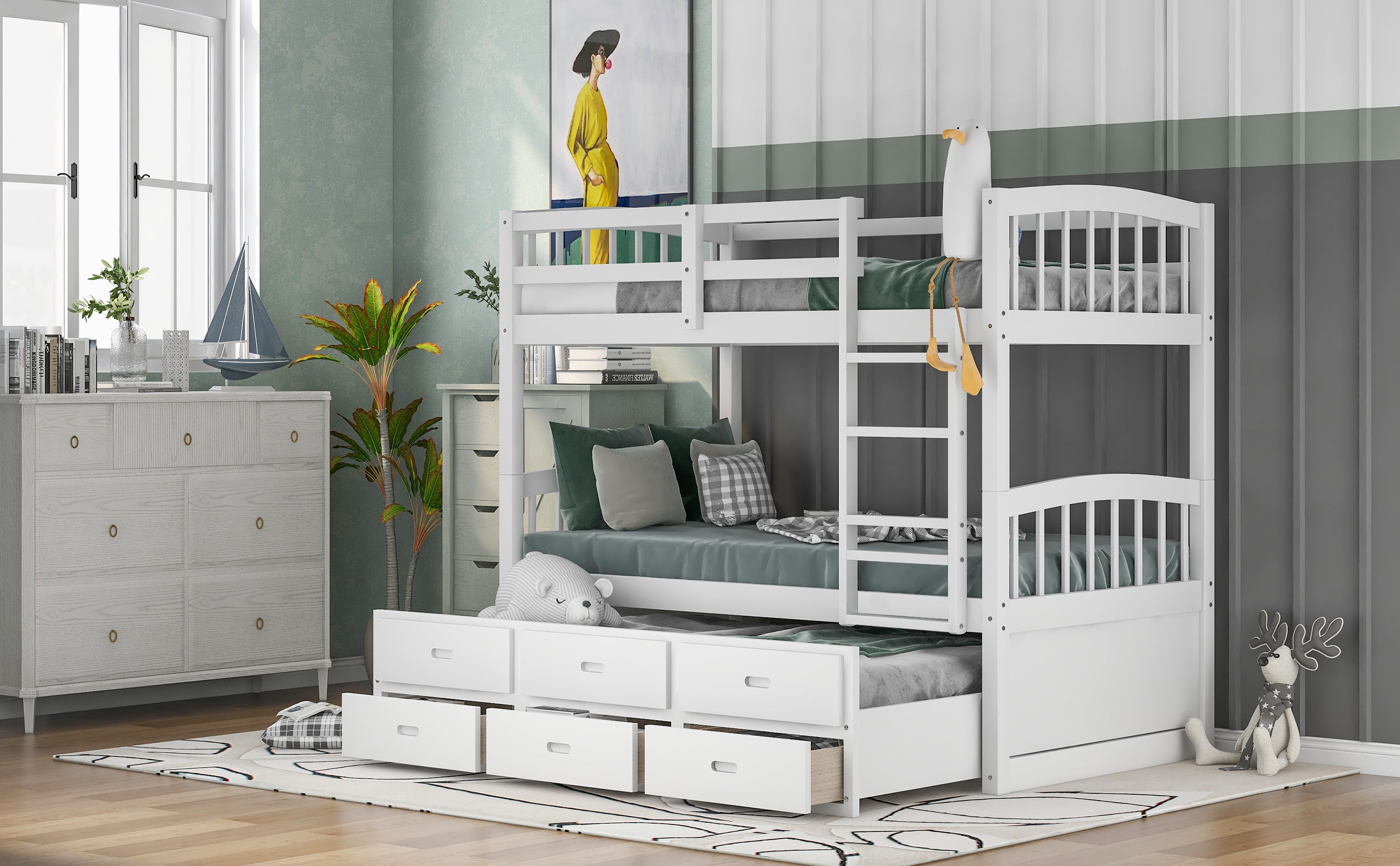 Twin Over Twin Wood Bunk Bed with Trundle and Drawers