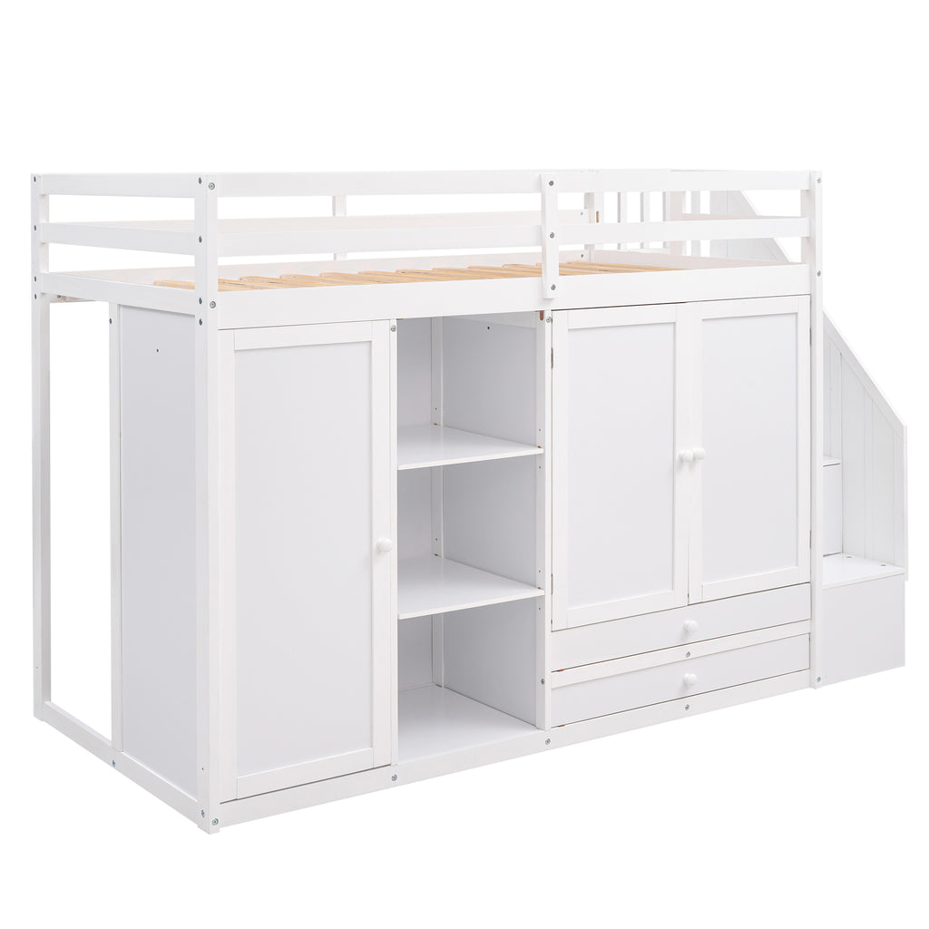 Functional Loft Bed with Shelves, Wardrobes, and Drawers