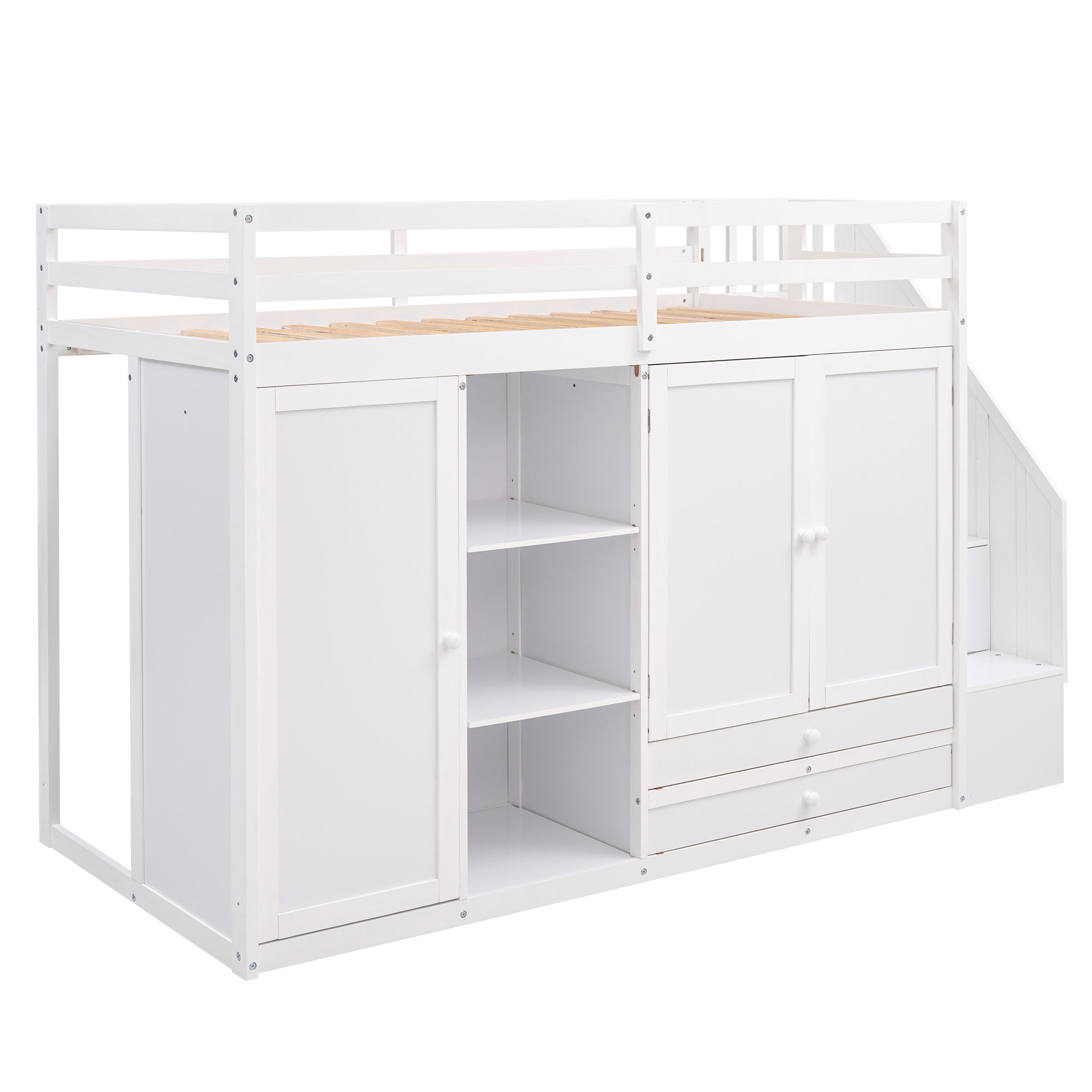 Functional Loft Bed with Shelves, Wardrobes, and Drawers